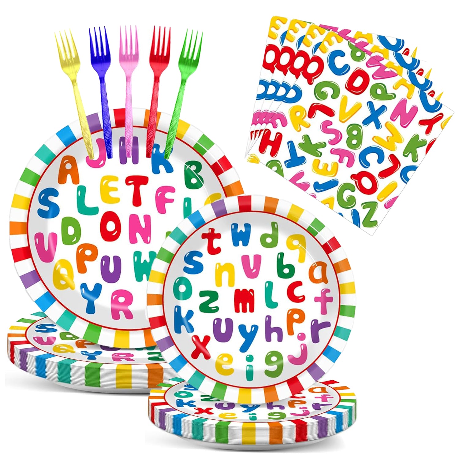 Can ShapED Set of 48 Educational Paper Plates Alphabet Birthday Paper Plates Learning ABC Tableware - Early Learning Plates and Napkins Forks