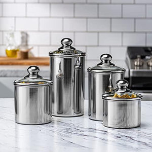 Le'raze FOOD STORAGE CONTAINERS for Kitchen Counter with MARKER, LABELS, & SCOOP. [Set of 4] Stainless Steel Pot-Like Canister Set, Ideal for Flour Tea, Sugar, Coffee, Candy, Cookie Jar - Le'raze by G&L Decor Inc