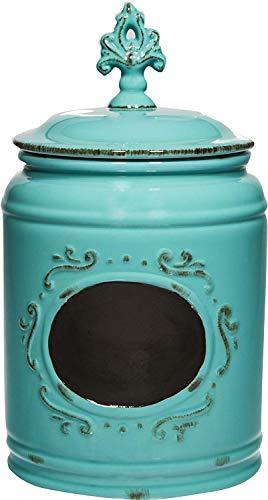 Decorative Ceramic Kitchen Canister, Kitchen Food Jar, Food Storage Container with Medallion Finial Lid - Aqua - Le'raze by G&L Decor Inc