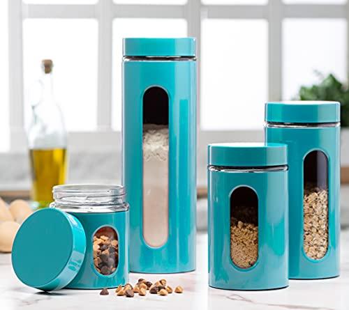 Quality Modern Aqua Stainless Steel Canister Set for Kitchen Counter with Glass Window & Airtight Lid - Food Storage Containers with Lids Airtight - Pantry Storage and Organization Set - Le'raze by G&L Decor Inc