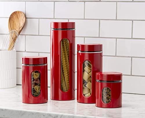 Quality Modern Red Stainless Steel Canister Set for Kitchen Counter with Glass Window & Airtight Lid - Food Storage Containers with Lids Airtight - Pantry Storage and Organization Set - Le'raze by G&L Decor Inc