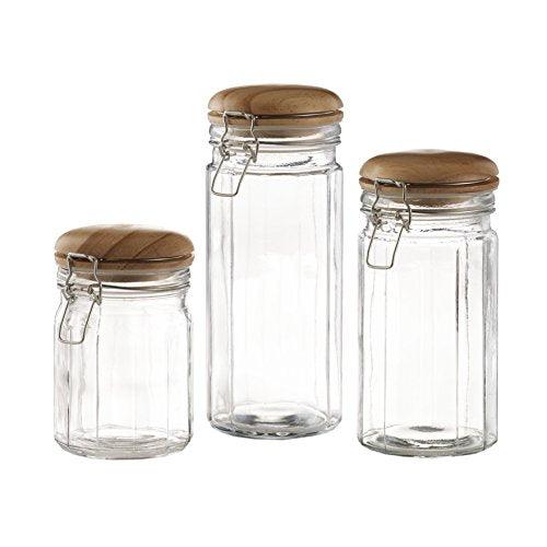 Set of 3 Glass Canister Jars with Trigger Airtight Tight Lids and Wooden Cover for Kitchen Countertop and Bathroom Clear, Round, Food, Cookie, Cracker, Storage Containers - Le'raze by G&L Decor Inc