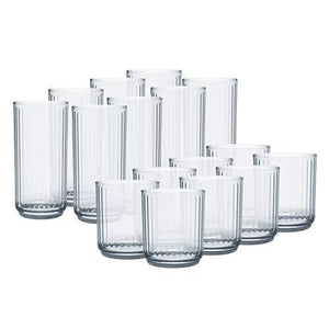 16pc - Classic Line Textured Optic Design Highball Drinking Glasses - Tumbler Drinkware Set of 8-16oz. Coolers & 8-10oz. OTRs - Le'raze by G&L Decor Inc