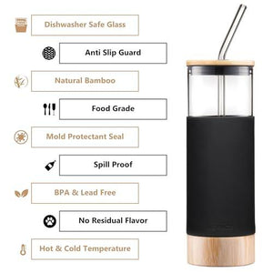 Premium 20oz Glass Tumbler Cup with Straw and Bamboo Lid & Base with Protective Silicone Sleeve - BPA Free - Growler Water Bottle Reusable Drinking Glasses Cup for Iced Tea, Coffee, Smoothie - Black - Le'raze by G&L Decor Inc