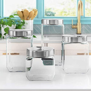 4pc Square Canister Sets for Kitchen Counter or Bathroom + Labels & Marker, Glass Cookie Jars with Airtight Lids - Food Storage Containers with Lids for Pantry - Flour, Sugar, Coffee, Cookies, etc. - Le'raze by G&L Decor Inc