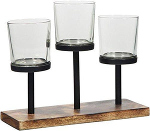 Le'raze Elegant, Decorative Votive Candle Holder Centerpiece, 3 Glass Votive Cups On Wood Base/Tray for Wedding Decoration Dining Table - Le'raze by G&L Decor Inc