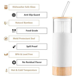Premium 20oz Glass Tumbler Cup with Straw and Bamboo Lid & Base with Protective Silicone Sleeve - BPA Free - Growler Water Bottle Reusable Drinking Glasses Cup for Iced Tea, Coffee, Smoothie - White - Le'raze by G&L Decor Inc