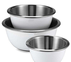 Beautiful Set of 3 White Round Serving Bowls with Bright Mirror Finish Stainless Steel interior, Professional Cookware and Prep Polished Mixing Bowl, Nesting Basin with Wide Rims. Multipurpose Dish - Le'raze by G&L Decor Inc