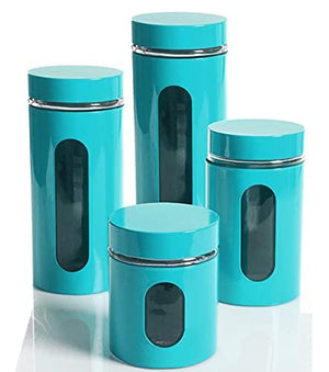 Quality Modern Aqua Stainless Steel Canister Set for Kitchen Counter with Glass Window & Airtight Lid - Food Storage Containers with Lids Airtight - Pantry Storage and Organization Set - Le'raze by G&L Decor Inc