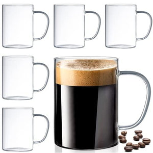 Set of 6 Ultra Durable Sleek Glass Coffee Mugs with Handle, Clear Borosilicate Glass Teacups, Coffee Cups for Cappuccino, Latte, Tea, Espresso, Hot Beverage, Dishwasher & Microwave Safe Glass Mugs - Le'raze by G&L Decor Inc