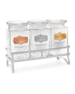 Set of 3 Square Glass Canister Set with Metal Rack, with Tight Lids with 3 Color Metallic Yorkshire Panels, Perfect for Food Storage Jars Kitchen Counter-top Containers - Le'raze by G&L Decor Inc