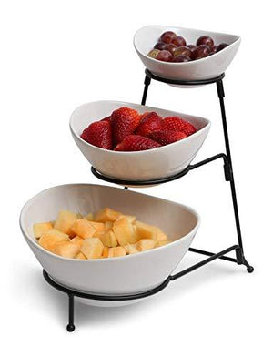 Three Tiered Serving Stand, Chip and Dip Serving Bowls With Metal Rack, White Party Food Server Display Set for Dessert And Snack - Le'raze by G&L Decor Inc