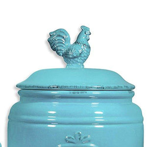 Ceramic Aqua Jar with Lid With Chalkboard With Rooster Finial Lid, Small Canister, Classic Vintage Design for Flour, Sugar, Cookies - Le'raze by G&L Decor Inc