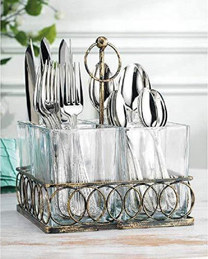 4 Section Square Utensil Caddy with handle, Flatware Caddy Holds Forks, Spoons, Spatula - Vintage Flatware Organizer Set - Silverware Holder For Kitchen Countertop Storage - Le'raze by G&L Decor Inc