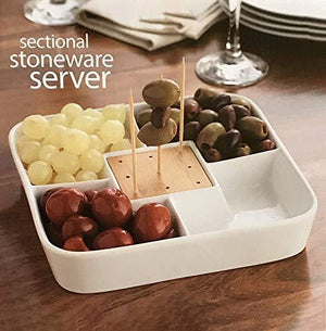 Food Server Display Plate - Multi Sectional Compartment Serving Tray - White Ceramic Square Appetizer and Snack Serving Tray with Bamboo Toothpick Holder - Le'raze by G&L Decor Inc