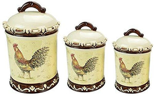Set of 3 Round Apothecary Rooster Ceramic Canister Quality Airtight Jar with Lids. Use As Tea, Coffee,sugar Canister Wide Mouth Looks Great on Your Kitchen Counters - Le'raze by G&L Decor Inc