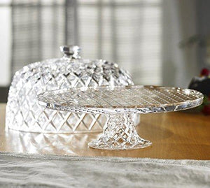 Elegant Masterpiece Footed Cake Plate with Dome Cover, Pedestal Diamond-faceted Cake Plate with Dome - Le'raze by G&L Decor Inc