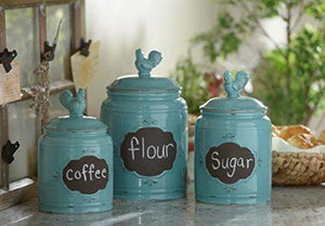 Ceramic Aqua Jar with Lid With Chalkboard With Rooster Finial Lid, Small Canister, Classic Vintage Design for Flour, Sugar, Cookies - Le'raze by G&L Decor Inc