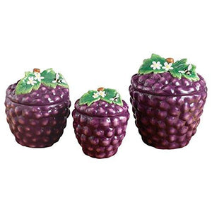 Set Of 3 Purple Ceramic Grape Canister Set with Tight Lids for Kitchen or Bathroom, Food Storage Containers, - Le'raze by G&L Decor Inc