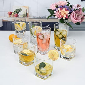 Collins Everyday Drinking Glasses Set of 16 Drinkware Kitchen Glasses for Cocktail, Iced Coffee, Beer, Ice Tea, Wine, Whiskey, Water, 8 Tall Highball Glass Cups & 8 Short Old Fashioned - Le'raze by G&L Decor Inc