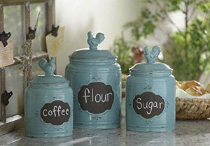 Set of 3 Durable Blue Chalkboard Rooster Canister Set with Tight Lids for Kitchen or Bathroom, Food Storage Containers, Ceramic,Aqua, - Le'raze by G&L Decor Inc