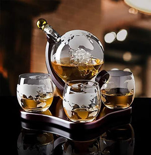 Attractive Home Bar Decor 5 pc Whiskey/Wine Globe Decanter Set, World Etched Bottle With 4 Premium Glass Cups On Attractive Mahogany Wood Stand. - THE PERFECT PRESENT - - Le'raze by G&L Decor Inc