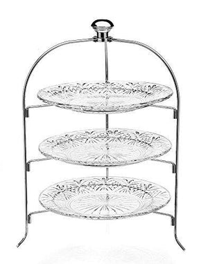 3 Tier Round Serving Platter, Three Tiered Cake Tray Stand, Food Server Display Plate Rack, Crystal Clear, with Silver Stand, Dessert Server Stand/Cupcake Tower/Appetizer Serving Tray - Le'raze by G&L Decor Inc