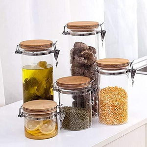 Set of 5 Round Canisters, Glass Kitchen Canister with Airtight Bamboo Clamp Lid, Glass Storage Jars for Kitchen, Bathroom and Pantry Organization Ideal for Flour, Sugar, Coffee, Candy, Snack and More - Le'raze by G&L Decor Inc