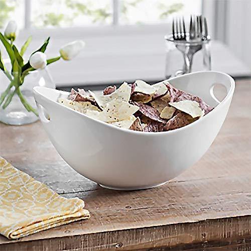 Large Ceramic Serving Bowl, For Snacks, Chips and Dip, Salad and Pasta, White Salad Bowl with Cut-Out Handles, 12 inch - Le'raze by G&L Decor Inc
