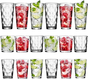 Classic Drinking Glasses, Set of 18 Clear Glass Cups, 6 Highball Glasses 17oz. 6 Rocks Glasses 13oz. 6 DOF Glasses 7oz. Bubble Design Glassware Set for Water, Juice, Wine, Cocktails, & Beer Glasses. - Le'raze by G&L Decor Inc
