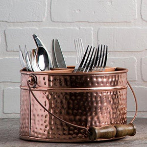 Le'raze Elegant 4-Compartment Kitchen Utensil Holder, Hammered Copper Galvanized Caddy with Wooden Handle for Cutlery Crock, Countertop Organizer - Le'raze by G&L Decor Inc