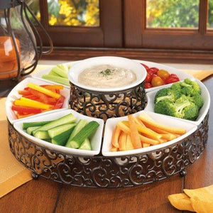 Elegant 7-Piece Section Serving Platter, Ceramic and Pressed Metal, Ideal for Appetizers, Salad, Party Bowl, Relish Dish, Chip and Dip Set. - Le'raze by G&L Decor Inc