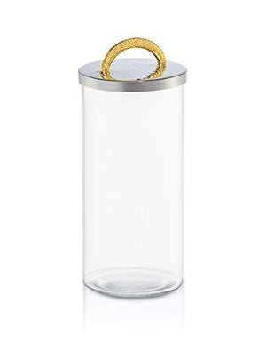 Elegant Glass Kitchen Canister with Hammered Lid and Gold Handle, Glass Storage Jar for Kitchen, Bathroom and Pantry Organization Ideal for Flour, Sugar, Coffee, Candy and Snack - 8.5"H - Le'raze Decor