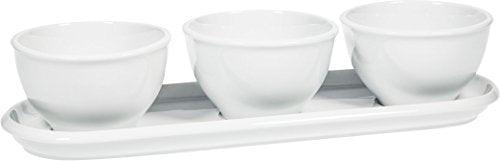 Elegant Pure White Porcelain 3 Mini Bowls Server with Oblong Relish Tray, Buffet Server for Candy, Nuts and Dips. Dip and Condiment Server - Le'raze by G&L Decor Inc