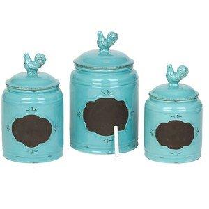 Set of 3 Durable Blue Chalkboard Rooster Canister Set with Tight Lids for Kitchen or Bathroom, Food Storage Containers, Ceramic,Aqua, - Le'raze by G&L Decor Inc