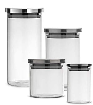 Canister Set for Kitchen Counter Set of 4, Glass Jars with Airtight Stainless Steel Lid, Clear Food Storage Container Ideal for Flour, Sugar, Coffee, Candy, Snack and More - Le'raze Decor