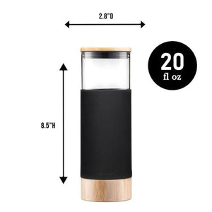 Premium 20oz Glass Tumbler Cup with Straw and Bamboo Lid & Base with Protective Silicone Sleeve - BPA Free - Growler Water Bottle Reusable Drinking Glasses Cup for Iced Tea, Coffee, Smoothie - Black - Le'raze by G&L Decor Inc