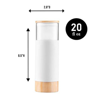 Premium 20oz Glass Tumbler Cup with Straw and Bamboo Lid & Base with Protective Silicone Sleeve - BPA Free - Growler Water Bottle Reusable Drinking Glasses Cup for Iced Tea, Coffee, Smoothie - White - Le'raze by G&L Decor Inc