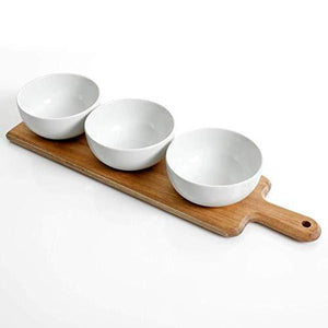 Elegant Relish Tray, Condiment Server with 3 White Ceramic Dipping Bowls and Wood Tray for Appetizers, Candy, Nuts, Chips and Dip – 4 Piece Serving Set - Le'raze by G&L Decor Inc