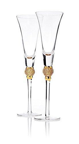 Elegant Crystal Champagne Toasting Flutes, With Gold Ball and small Diamonds, Set of 2 Glasses,Ideal for Marriage Proposal, WeddingParty Essentials. - Le'raze by G&L Decor Inc