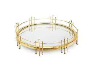 Beautiful Gold Mirrored Tray with Side Rails and Legs, Elegant Round Stainless Steel Vanity Mirror Tray with Side Bars Symmetrical Design, Makes A Great Bling Gift