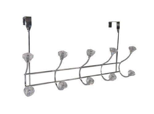 Beautiful Durable Over The Door Hooks Storage Rack with Crystal Acrylic Hooks for Jackets, Coats, Hats, Scarves, Purses, Towels 10 Hooks, Chrome Finish, for Wide Door - Le'raze by G&L Decor Inc
