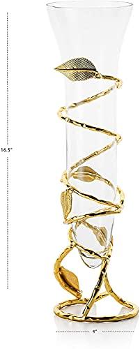 Elegant Glass Vase with Gold Leaf Design for Flowers, Home Décor or Wedding Centerpiece | Decorative Crystal Flower Vase - Le'raze by G&L Decor Inc