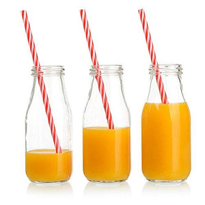 Set of 6 Mini Glass Milk Bottles with Retro Straws and Wooden Tray, Reusable Vintage Dairy Bottle for Parties and Picnics, Clear Beverage Glassware and Drinkware – 11 Ounce - Le'raze by G&L Decor Inc
