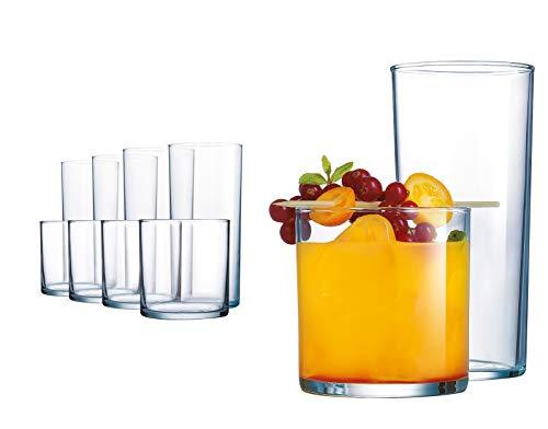Le'raze Set of 8 Everyday Drinking Glasses - Includes 4 Tall Glass Cups -  16oz, and 4 Short Dof Rocks Glasses - 12oz