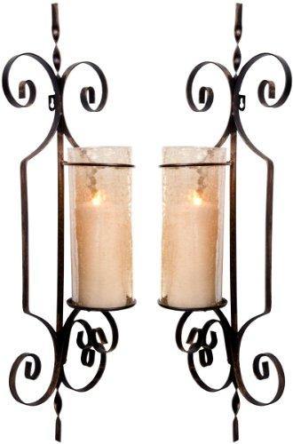 Le'raze Set of Two Decorative Wall Sconce Candle Holder Pair Elegant of Swirling Iron Hanging Wall Candle Holders Votives with Amber Finished Globes. Ideal Gifts & Decor for Home, Office, Spa. - Le'raze by G&L Decor Inc