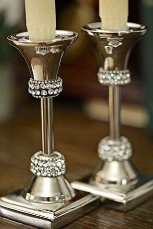 Le'raze Taper Candle Holder with Diamond Crystals for Wedding, Birthday, Dining Table Anniversary, Set of 2 Decorative Silver Candle Sticks - Le'raze by G&L Decor Inc