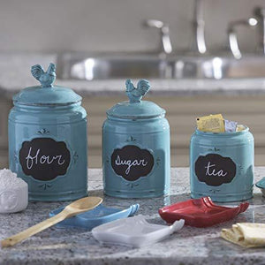 Set of 3 Blue Chalkboard Rooster Canisters – Durable Kitchen Canister Set with Tight Lids for Food Storage and Organization – Ceramic - Le'raze by G&L Decor Inc