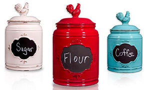 Ceramic Red Canister Set for Kitchen or Bathroom, Food Storage Jars with Rooster Tight Lid and Chalkboard Labels - Set of 3 Cookie and Candy Jars, Storage Containers. - Le'raze by G&L Decor Inc