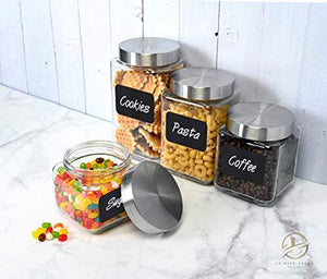 4pc Square Canister Sets for Kitchen Counter or Bathroom + Labels & Marker, Glass Cookie Jars with Airtight Lids - Food Storage Containers with Lids for Pantry - Flour, Sugar, Coffee, Cookies, etc. - Le'raze by G&L Decor Inc